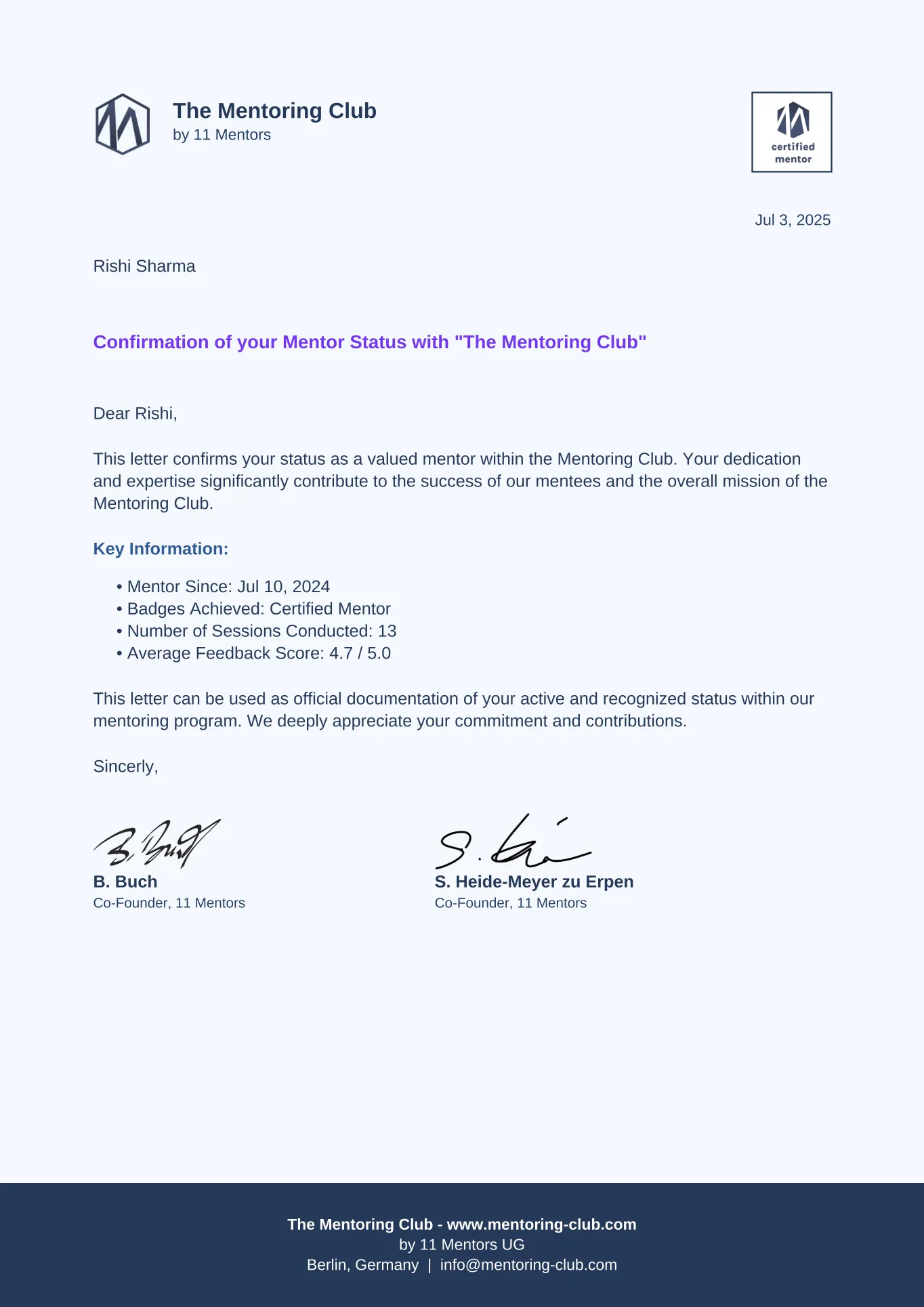 Mentor Status Confirmation — 4.7 / 5.0