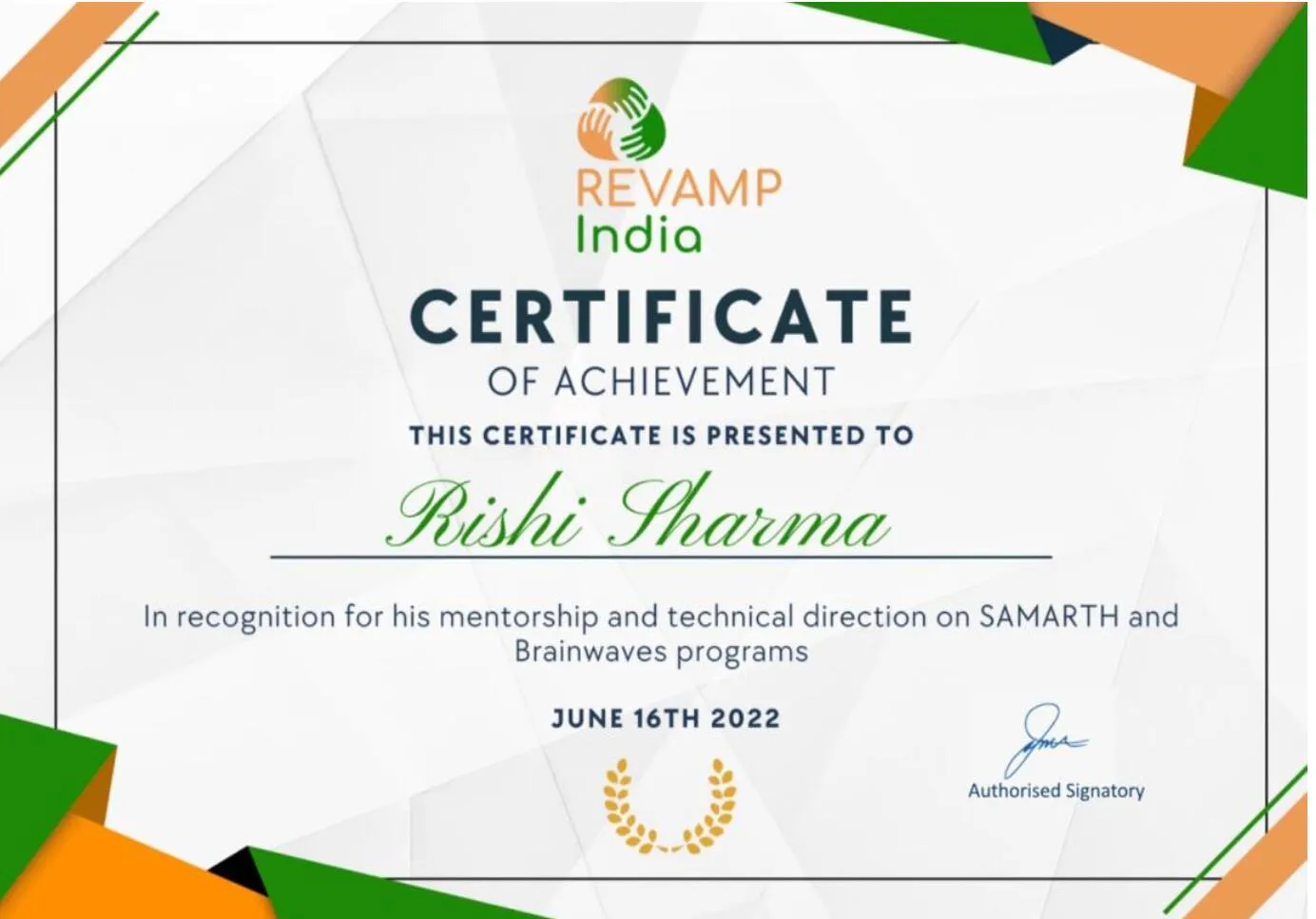 Certificate of Achievement — REVAMP India