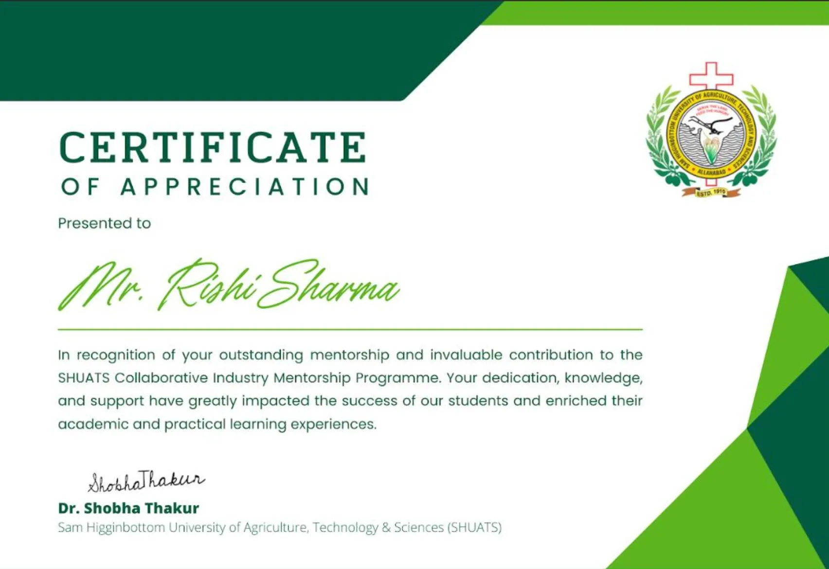 Certificate of Appreciation