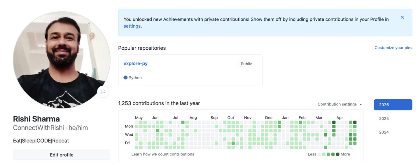 GitHub profile — 1,237 contributions in the last year
