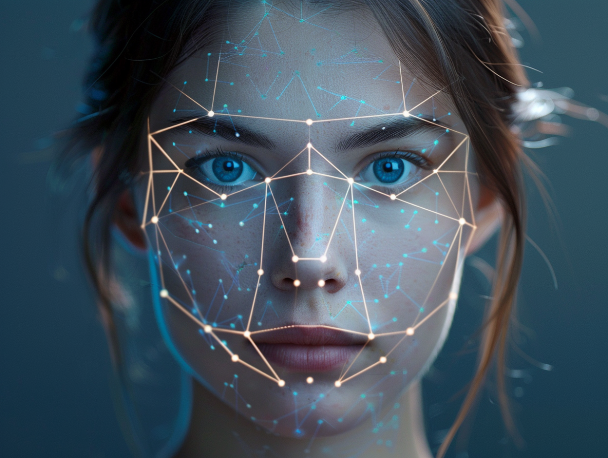 Facial recognition mesh overlaid on a woman's face, tracking micro-expressions and vital signs