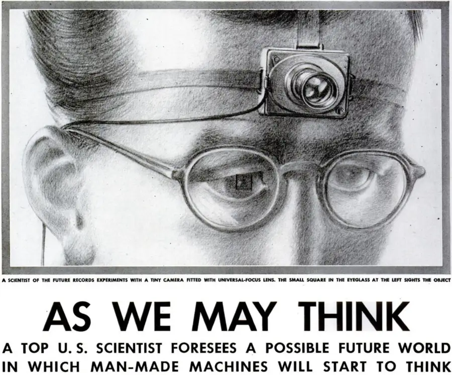 The original Memex illustration from Life magazine, September 10, 1945, Vannevar Bush's vision of a mechanised private library with associative trails
