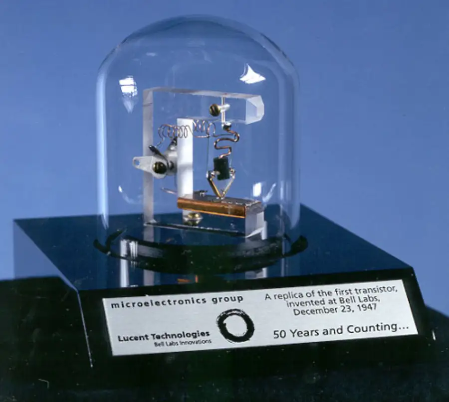 Replica of the first point-contact transistor, built by Walter Brattain and John Bardeen at Bell Labs, December 1947. Lucent Technologies replica, 1997.