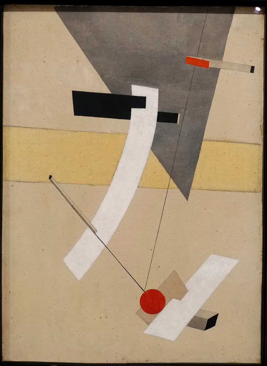 Proun 12E by El Lissitzky, 1923, oil on canvas. Geometric forms orbit a central axis, circles, planes, and vectors in precise tension,evoking the feedback loops and control systems at the heart of Wiener's Cybernetics.