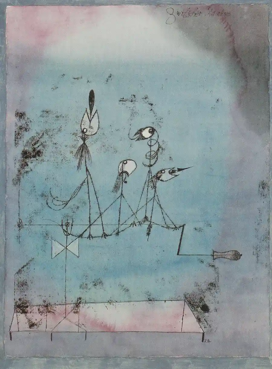 Twittering Machine (Die Zwitscher-Maschine) by Paul Klee, 1922. A hand-cranked contraption of mechanical birds perched on a wire, a machine built for communication, for signal, for noise,painted the year Shannon began his studies at Michigan.