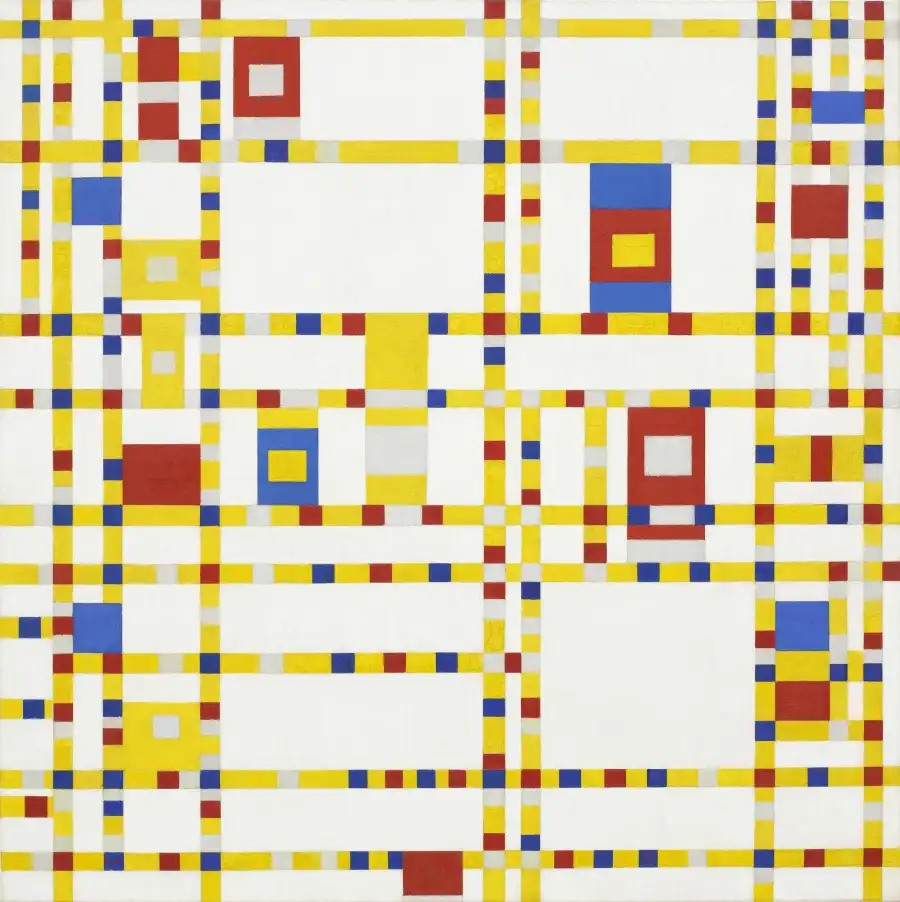Broadway Boogie Woogie by Piet Mondrian, 1942–43. A grid of primary-coloured blocks and lines, the visual language of binary memory, circuit boards, and the stored-program machine that was taking shape in Manchester as Mondrian painted this in New York.