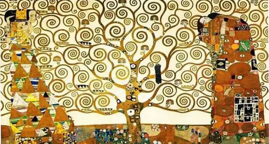 The Tree of Life by Gustav Klimt, 1909. Sinuous golden branches spiral outward from a central trunk, each connection forking and rejoining, a visual map of the synaptic networks Hebb would describe forty years later.