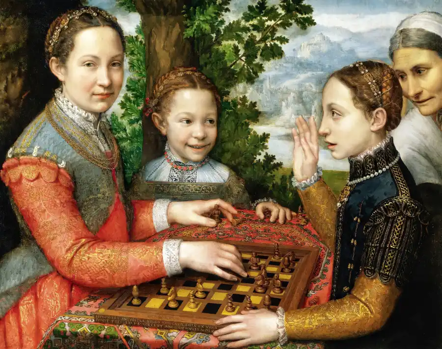 The Chess Game by Sofonisba Anguissola, 1555. Three sisters play chess in a sunlit garden in Cremona, Italy, an intimate scene of strategic concentration that anticipates, by four centuries, the computational game trees Shannon would describe.